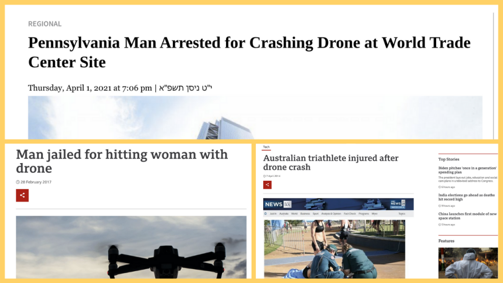 News showing how drones can be dangerous to the public.